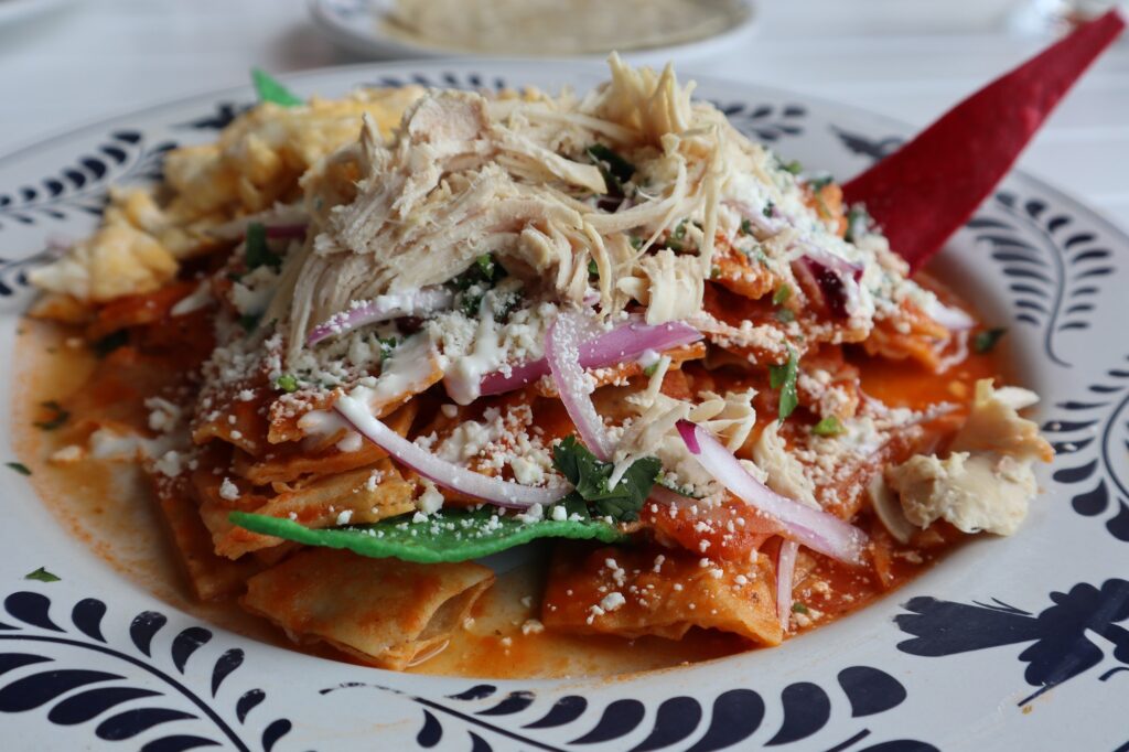 Closeup of chilaquiles dish at a restaurant at a luxury resort in Los Cabos, Cabo San Lucas, Mexico