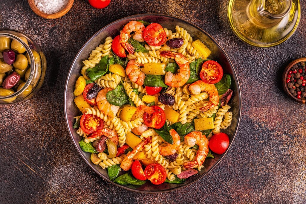 Fusili pasta salad with shrimps.
