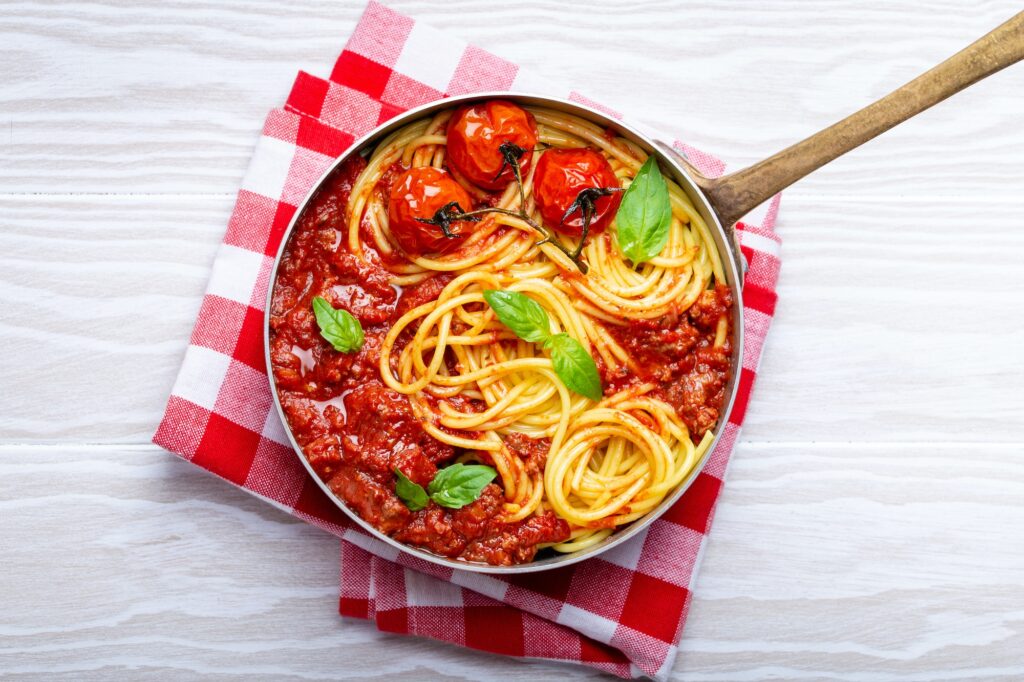Italian pasta bolognese with meat and tomato