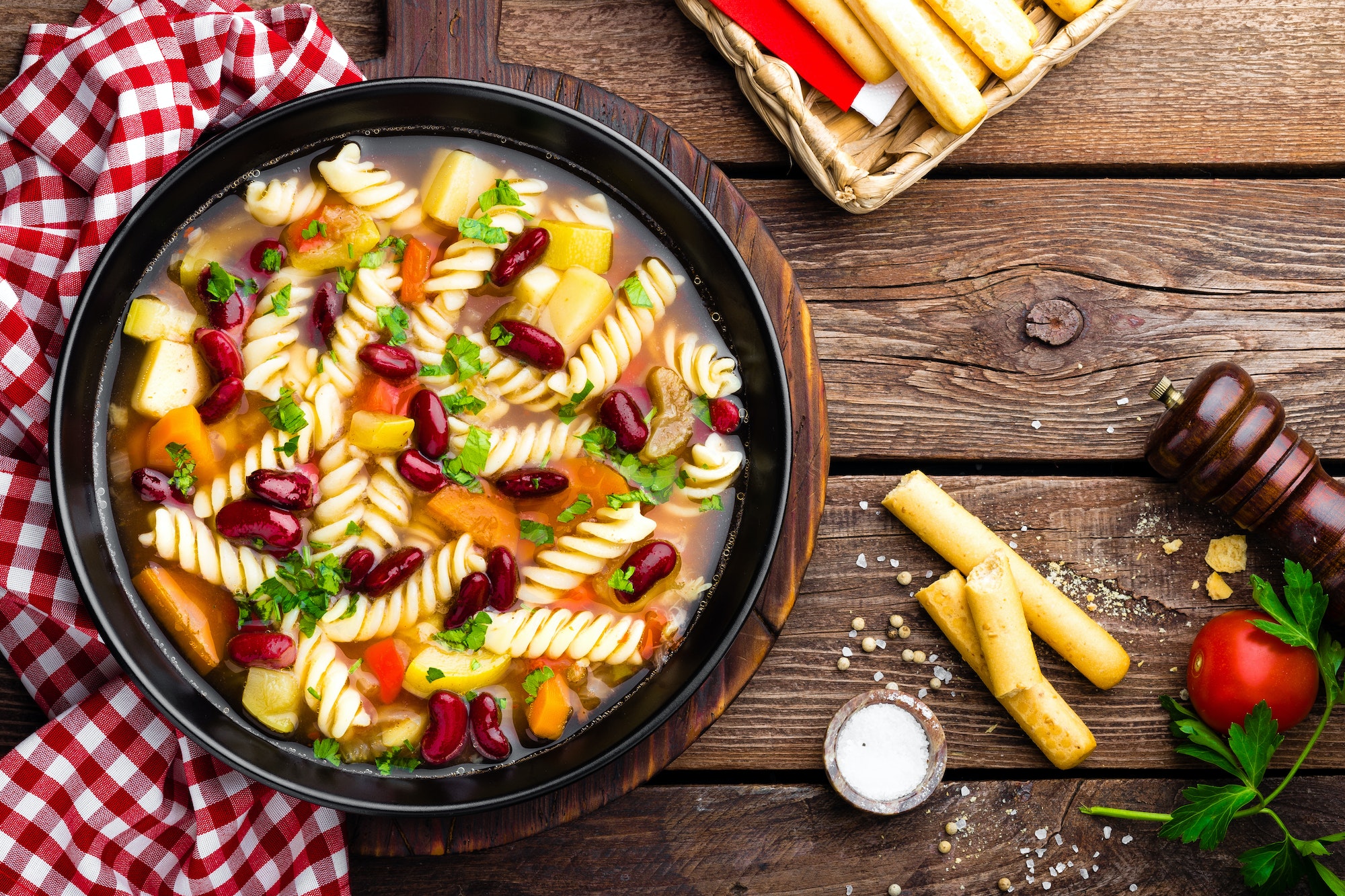 Minestrone soup. Vegetable soup with pasta