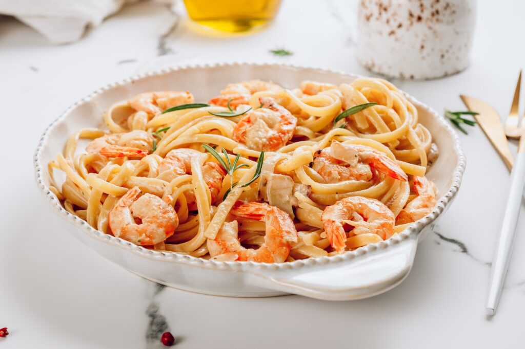 Pasta tagliatelle with shrimps