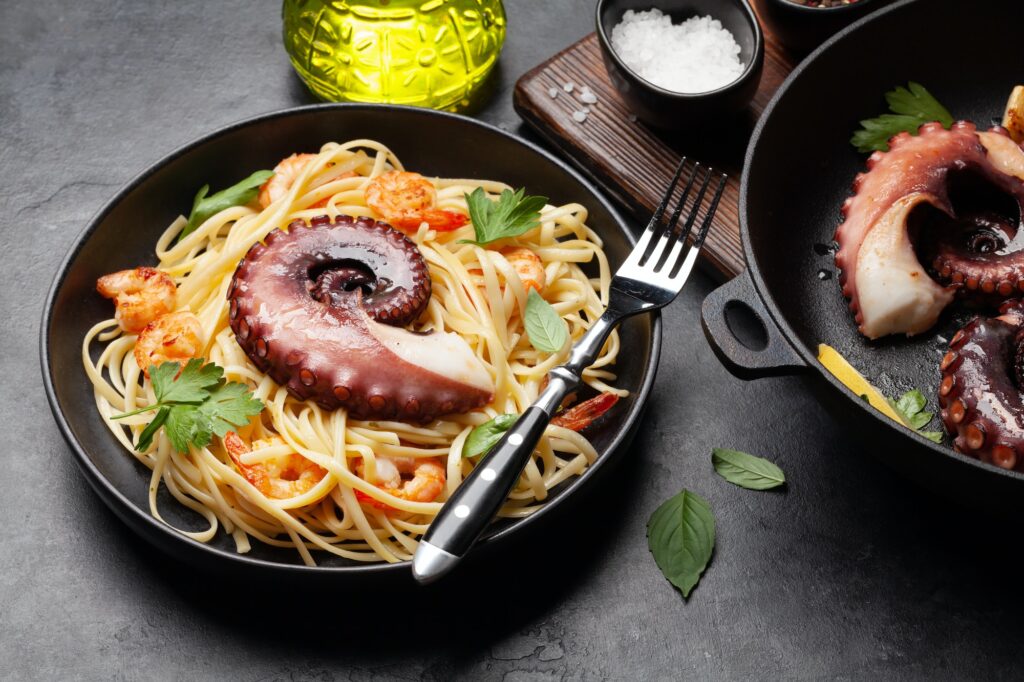 Seafood pasta with octopus